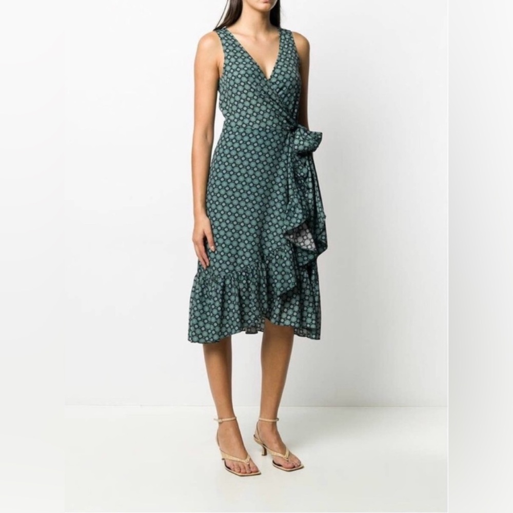 Tory Burch Ruffled Wrap Dress Logo Medallion Print